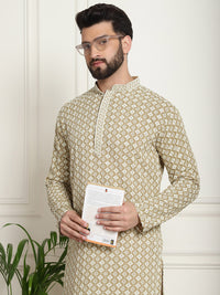 SOJANYA Ethnic Motifs Embroidered Mandarin Collar Sequined Pure Cotton Straight Kurta