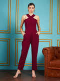 SASSAFRAS Maroon Halter Neck Basic Jumpsuit