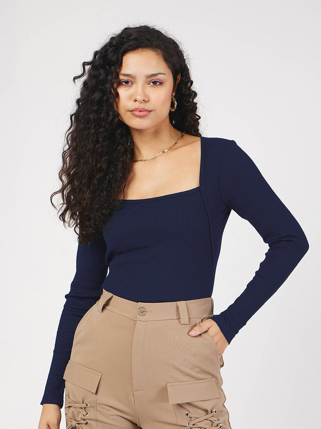 SASSAFRAS Women Square Neck Ribbed Regular Top