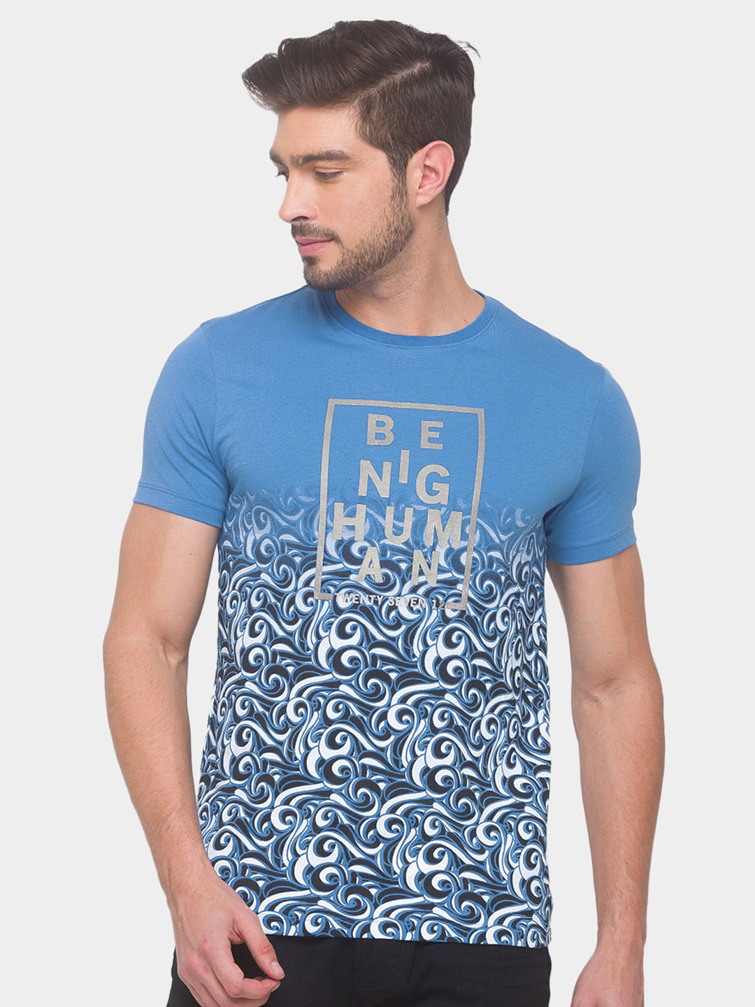 Being Human Men Blue Floral Printed Pure Cotton T-shirt