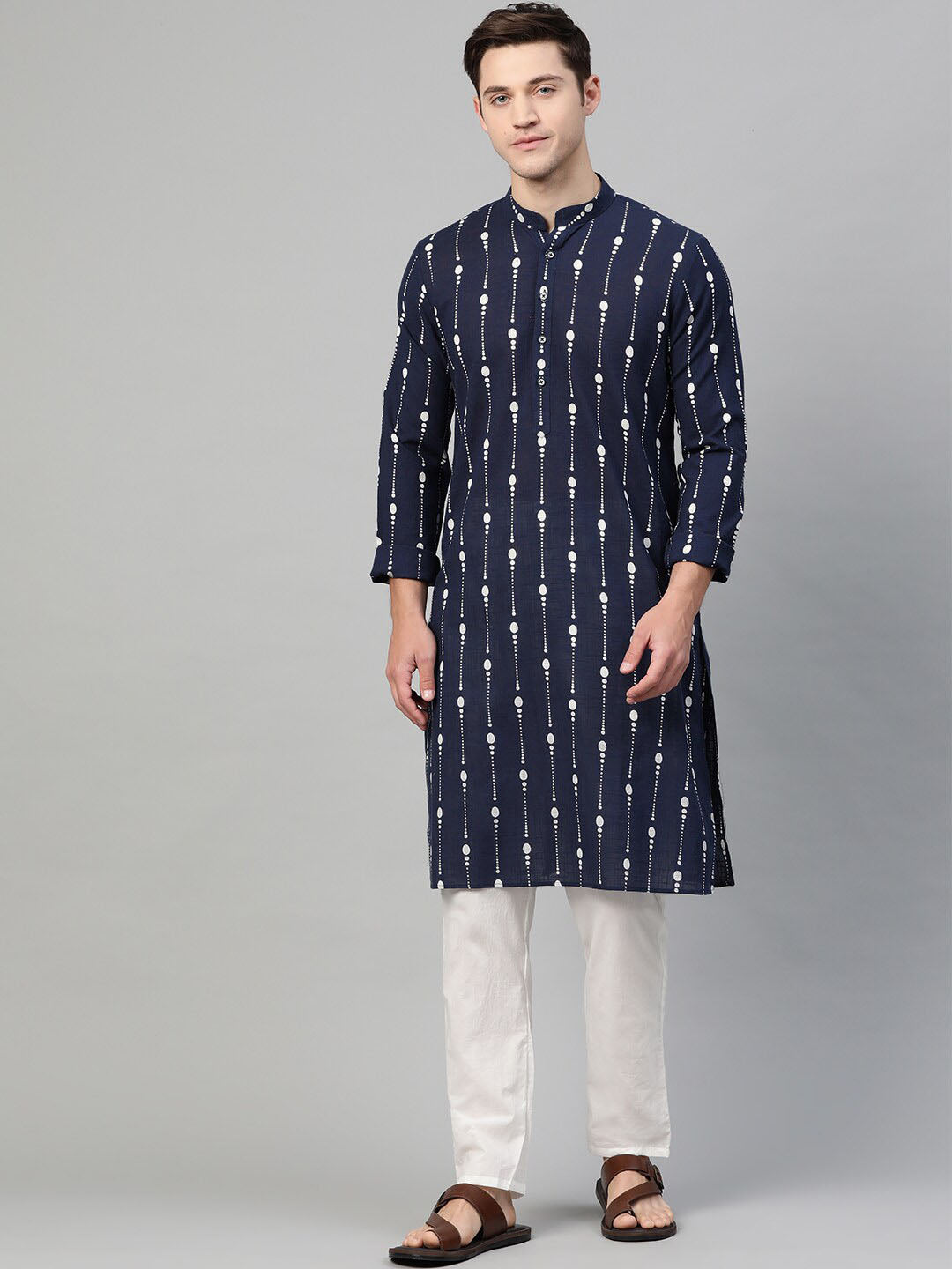 See Designs Men Navy Blue & White Printed Kurta with Pyjamas