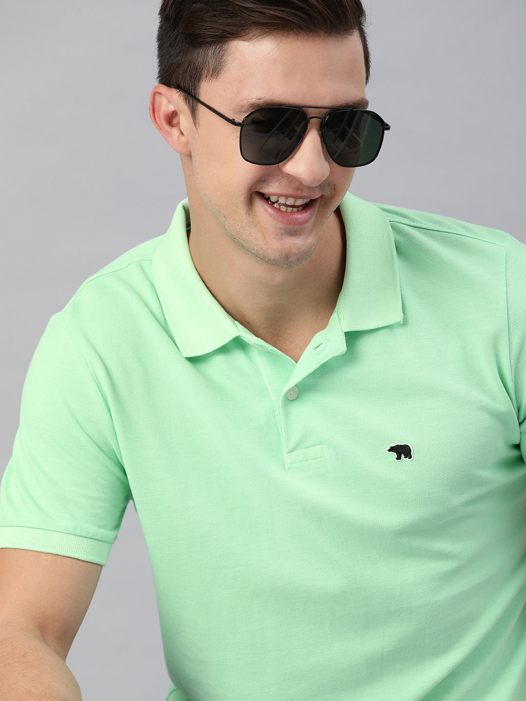 THE BEAR HOUSE Men Green Solid Polo Collar Pure Cotton T-shirt
