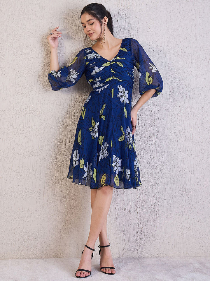 Antheaa Women Floral Print V-Neck Puff Sleeves Chiffon Knee Length Empire Dress