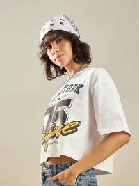 SASSAFRAS White Typography Printed Round Neck Pure Cotton Oversized Crop T-shirt