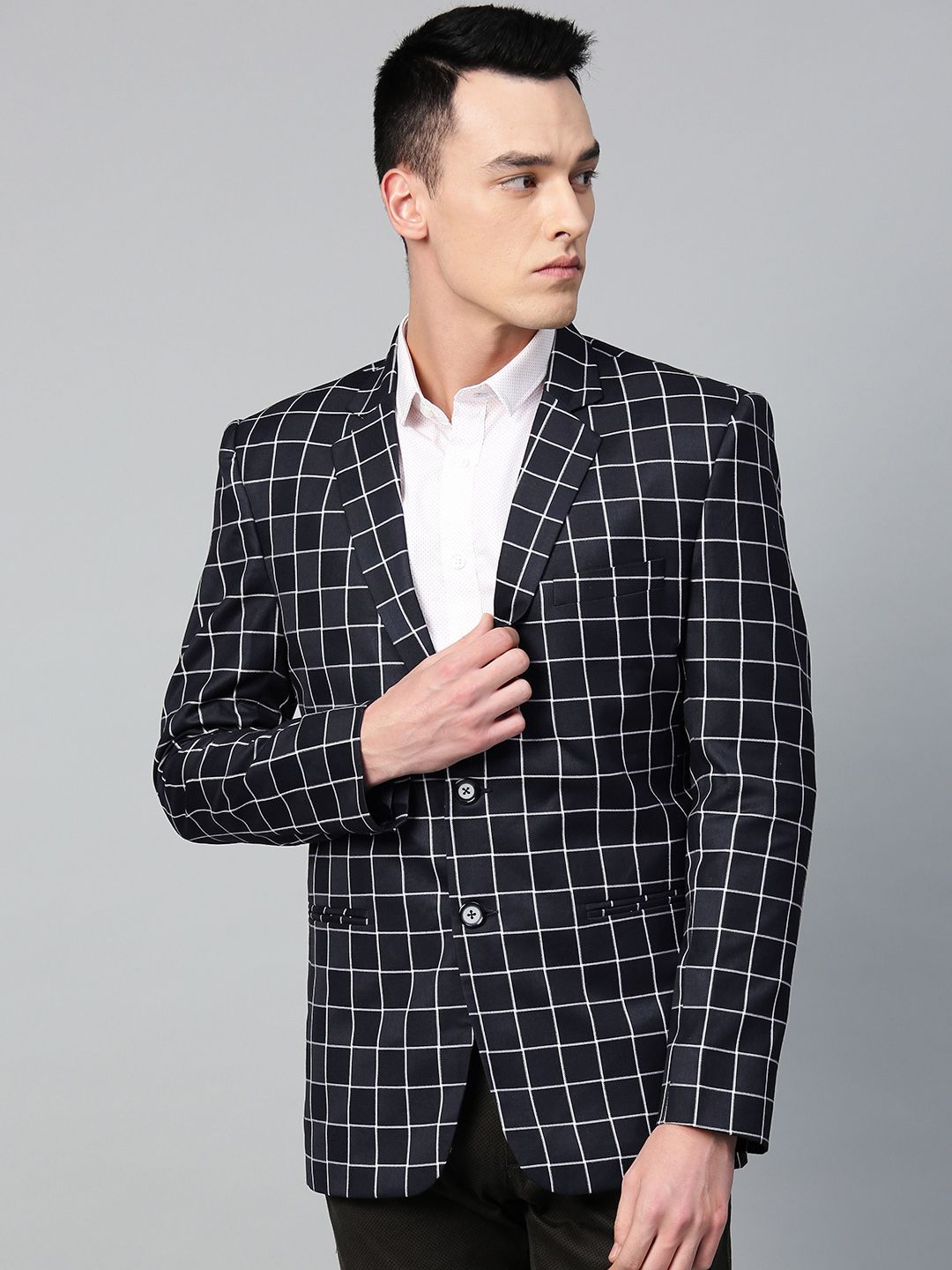 MANQ Men Navy Blue & White Checked Slim Fit Single Breasted Party Blazer