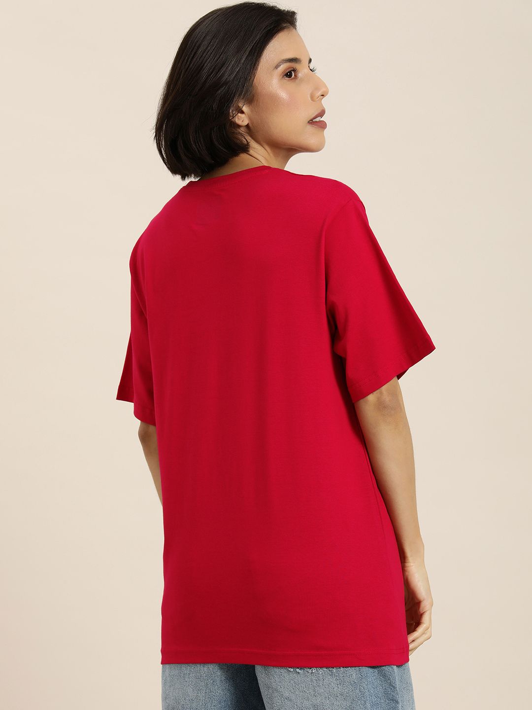 DILLINGER Women Red & White Typography Printed Pure Cotton Oversized T-shirt