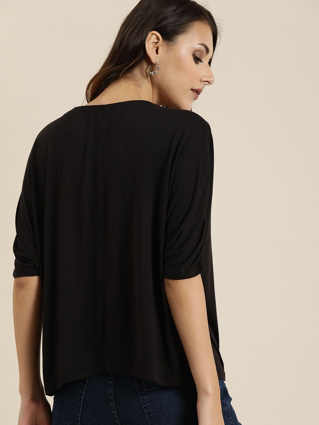 all about you Women Black Solid V-Neck T-shirt