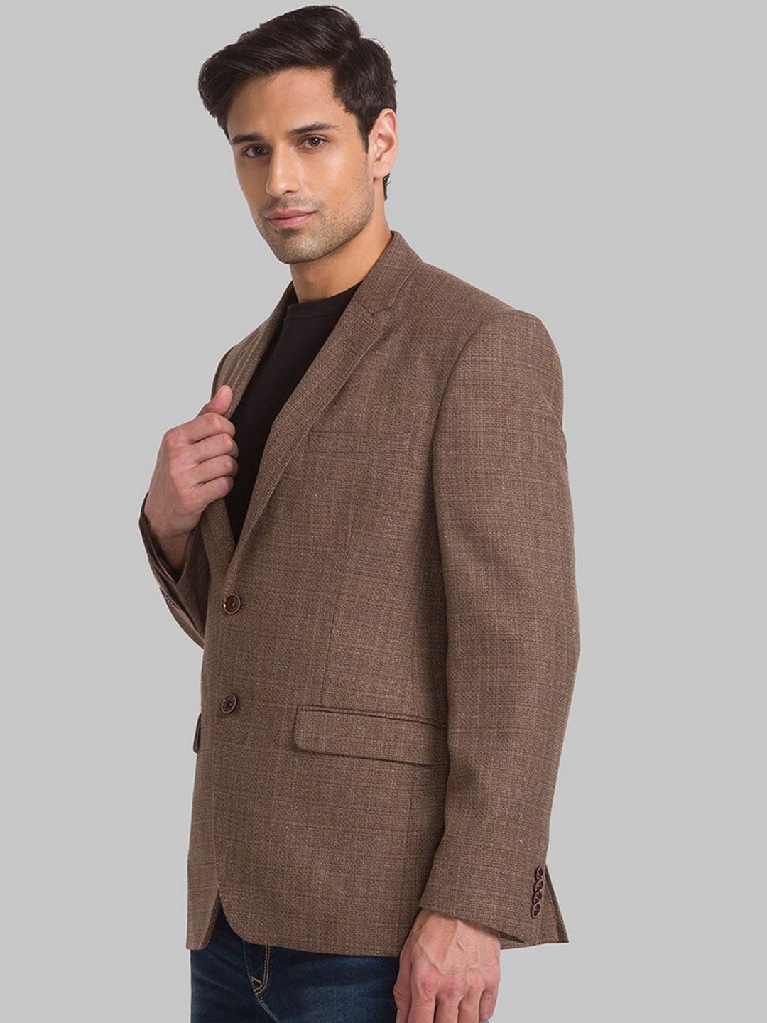 Park Avenue Men Brown Self Design Single Breasted Blazer