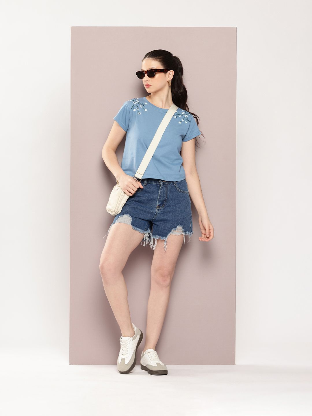 DILLINGER Women Regular Cropped Fit Embroidery Crew Neck Tshirt