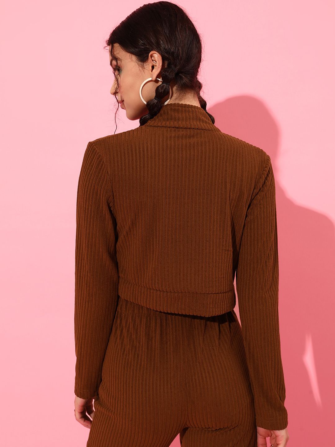 STREET 9 Women Brown Striped Crop Tailored Jacket