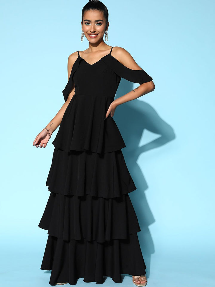 Berrylush Black Crepe Cold-Shoulder Sleeves Tiered Maxi Dress