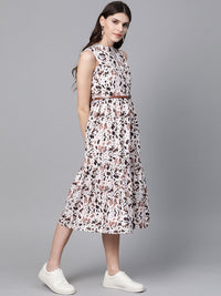 SASSAFRAS Off-White & Brown Leopard Printed A-Line Dress With Belt