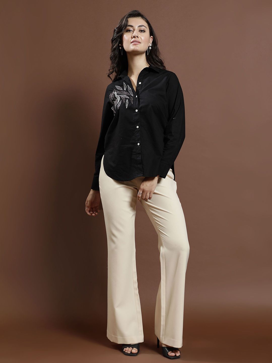 Athena Women Embellished Shirt Collar Cotton Top