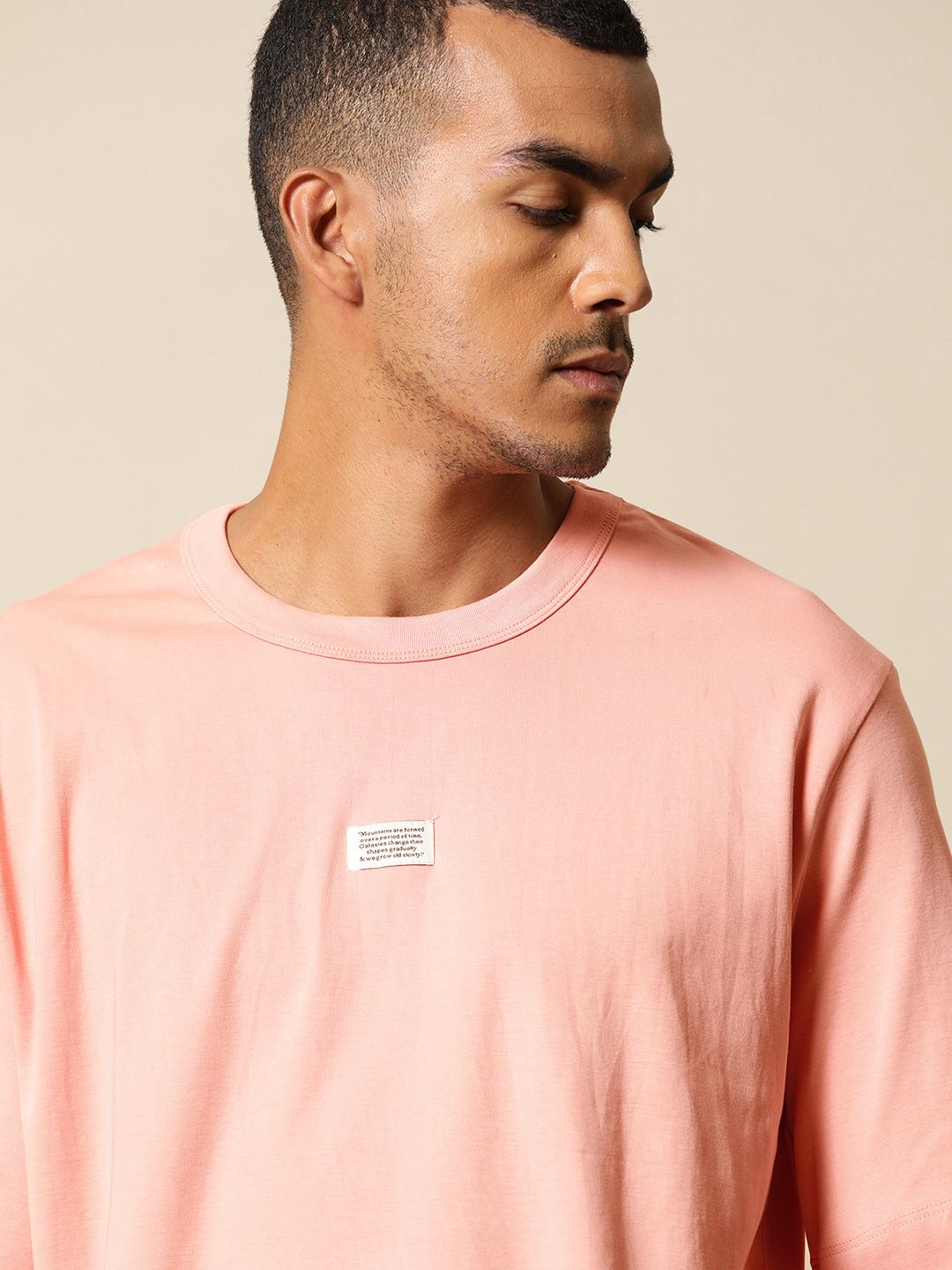 Mr Bowerbird Men Peach-Coloured Pure Cotton Philosophy Crew Neck Oversized Pure Cotton T-shirt