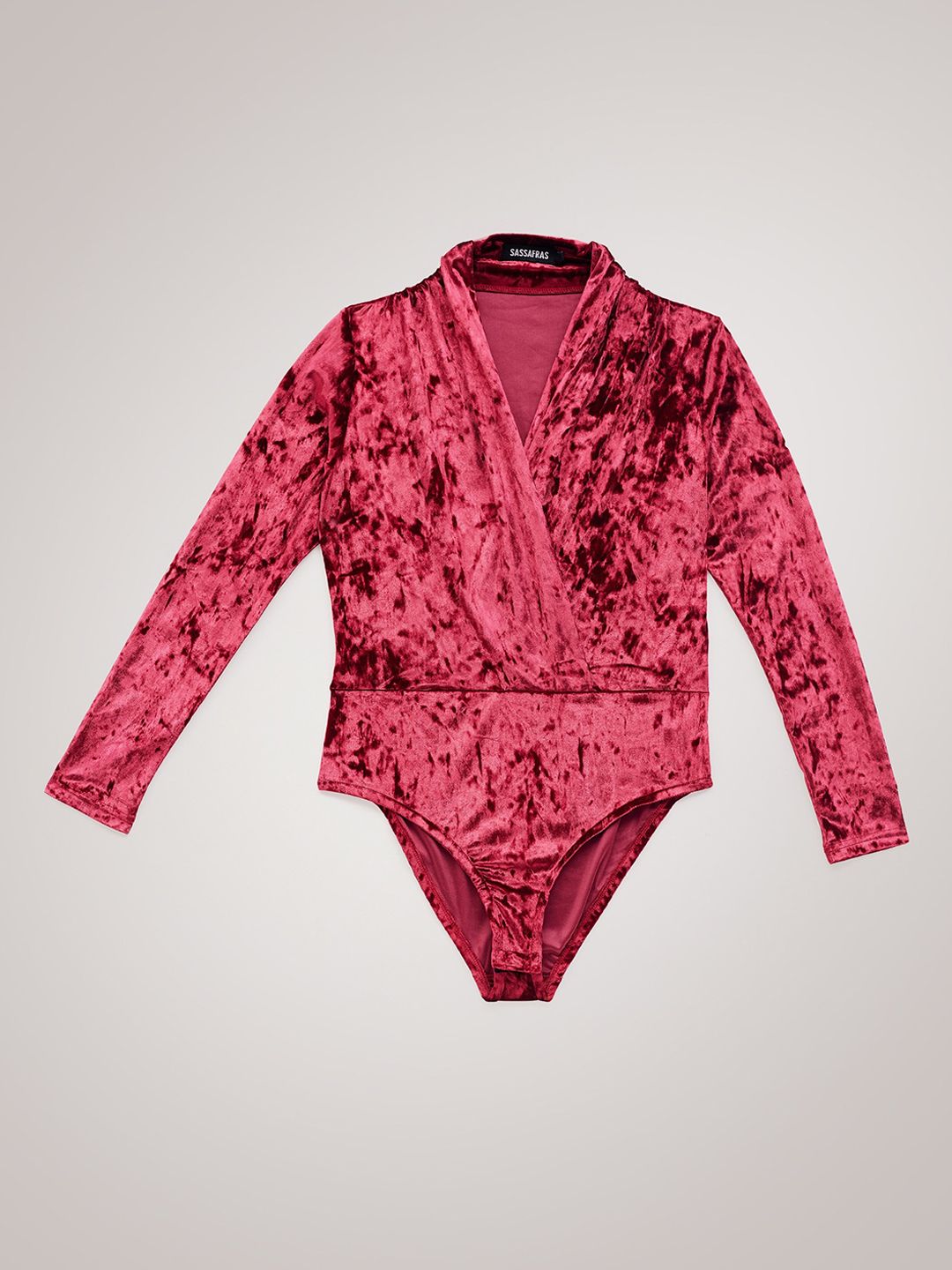 SASSAFRAS Self Design Velvet V-Neck Wrap Bodysuit