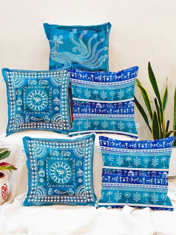 STITCHNEST Adults Blue & White Set of 5 Warli Motifs Square Cushion Covers