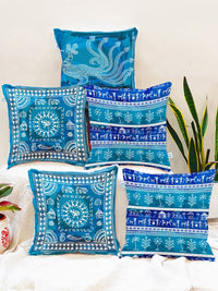 STITCHNEST Adults Blue & White Set of 5 Warli Motifs Square Cushion Covers