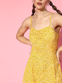 Berrylush Yellow & White Floral Crepe A-Line Midi Dress