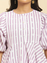 W Women Lavender & White Striped Embroidered Top with Trousers