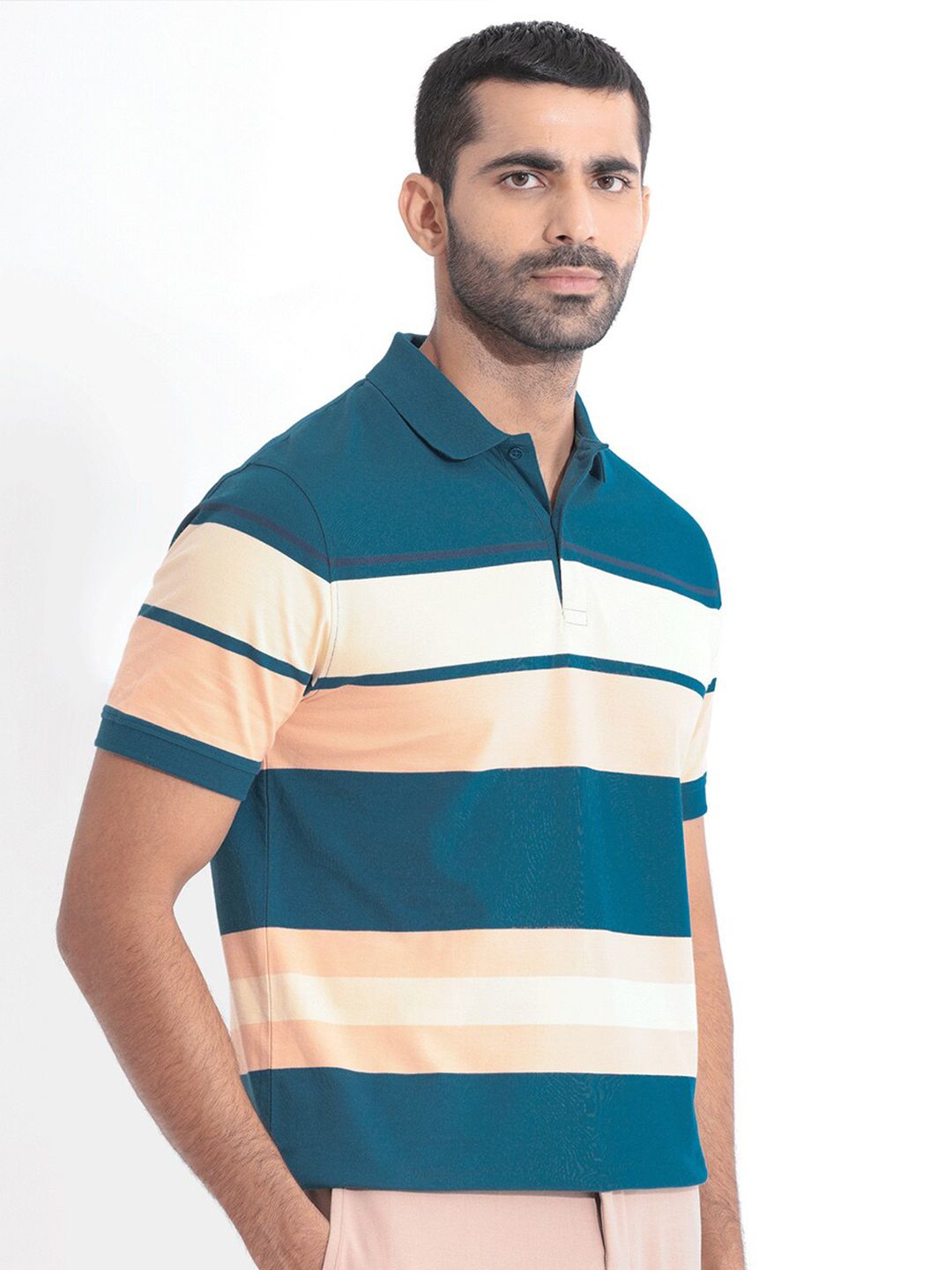 RARE RABBIT Men Albans Striped Polo Collar Slim Fit Cotton T-Shirt