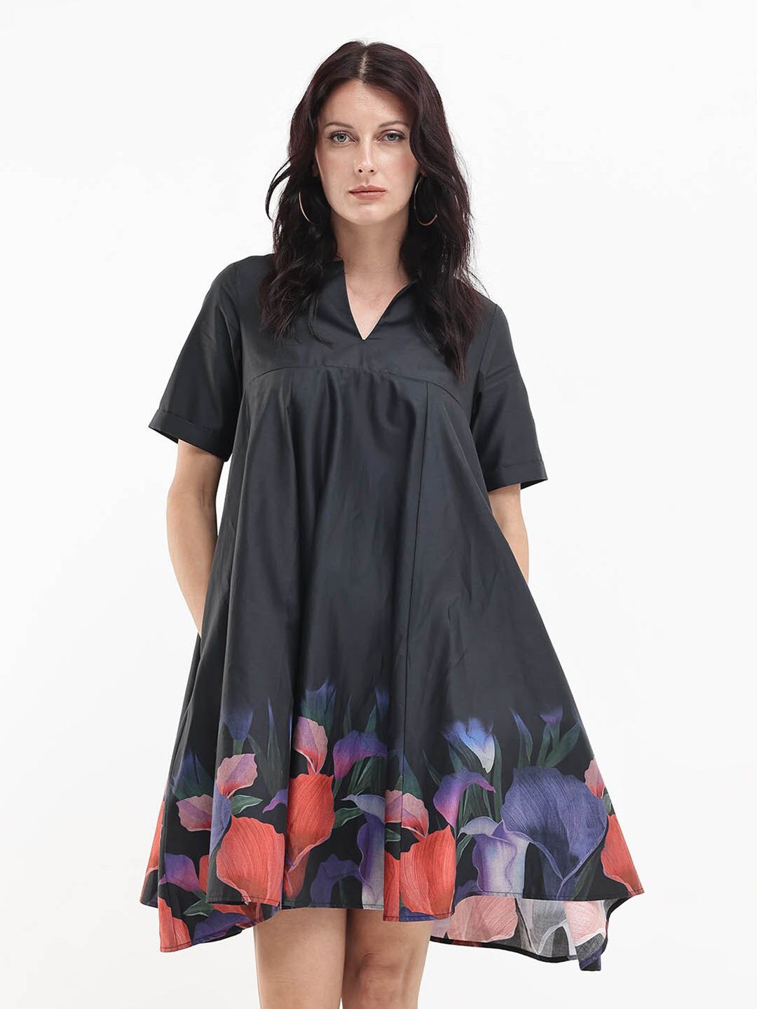 RAREISM Black Floral V-Neck Short Sleeves A-Line Women Cotton Dress