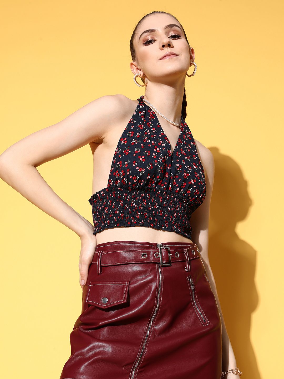 Berrylush Navy Blue Floral Print Halter Neck Smocked Crepe Crop Top