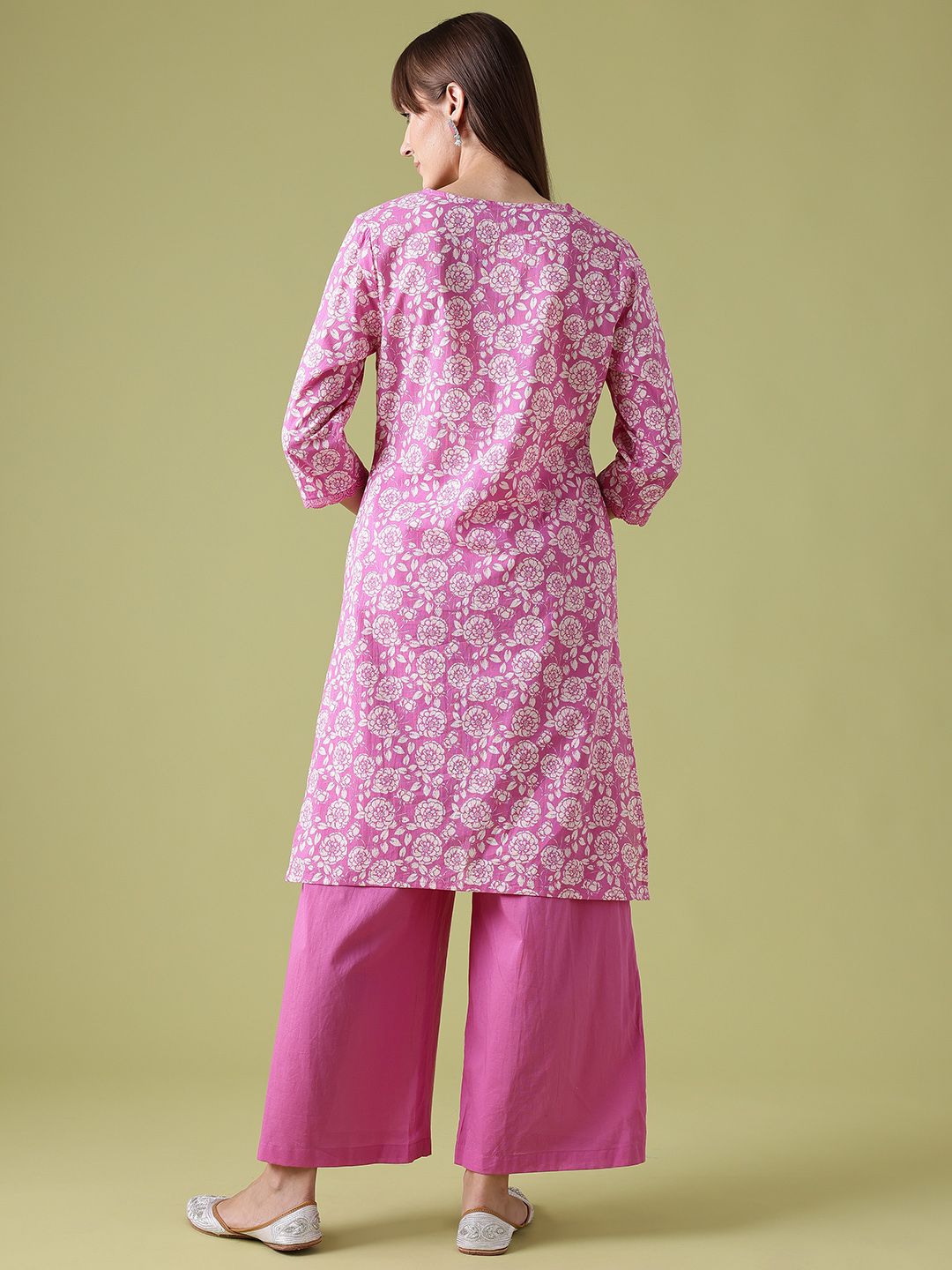 Anouk Floral Printed Lace Insert Detail Pure Cotton Straight Kurta with Trousers