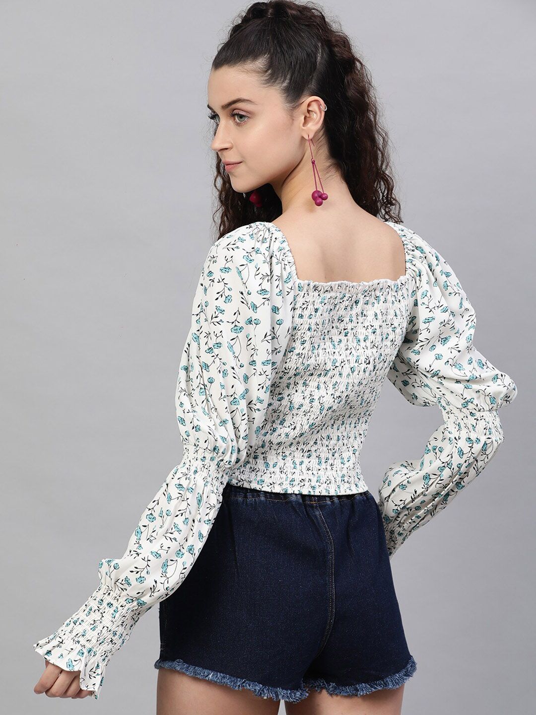 STREET 9 Cream-Coloured & Turquoise Blue Floral Printed Tie-Up Neck Puff Sleeves Blouson Top