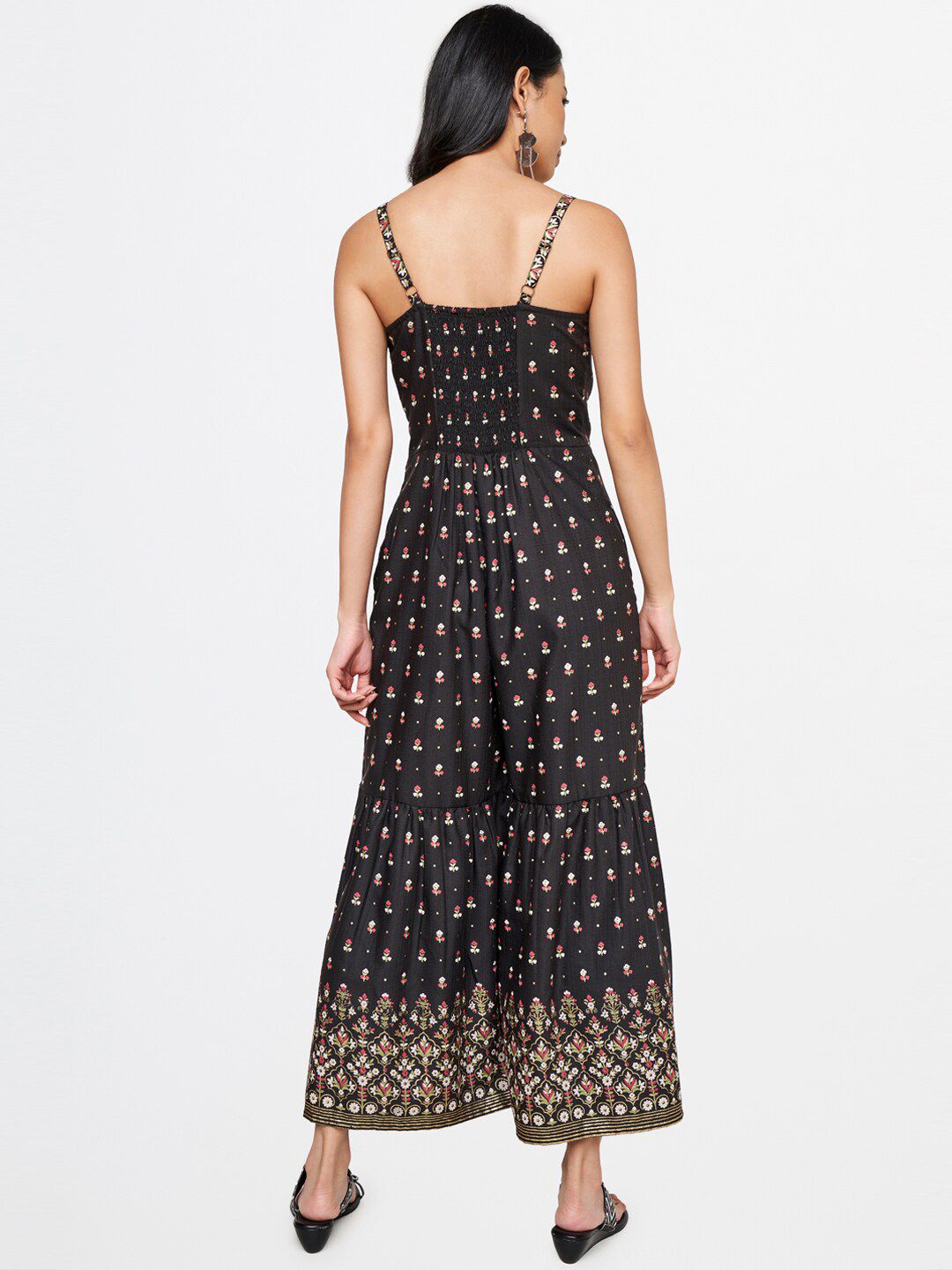 Global Desi Women Black & Gold-Toned Printed Basic Jumpsuit