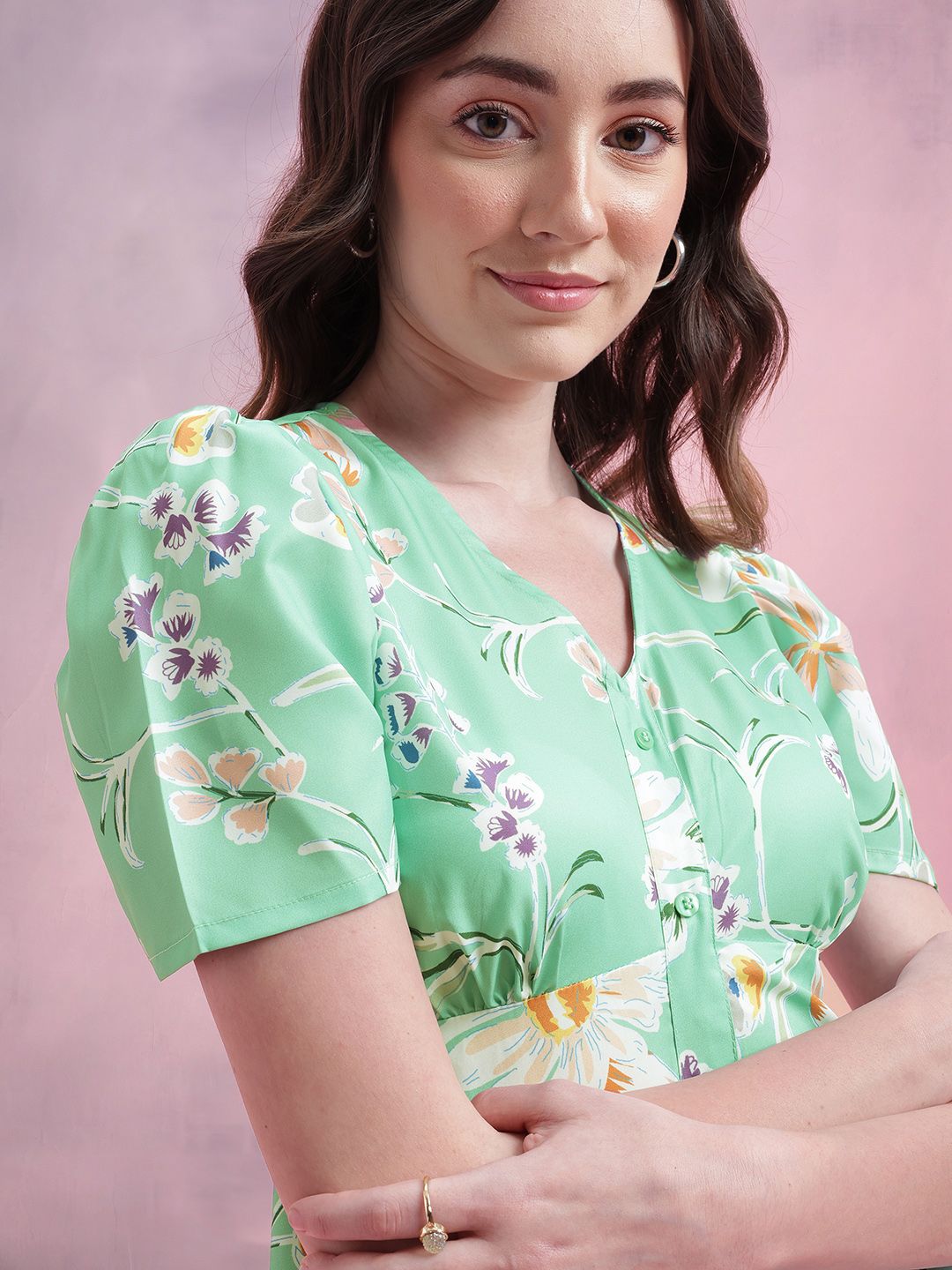 DressBerry Floral Print Puff Sleeves A-Line Midi Dress with Mock Buttons