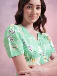 DressBerry Floral Print Puff Sleeves A-Line Midi Dress with Mock Buttons