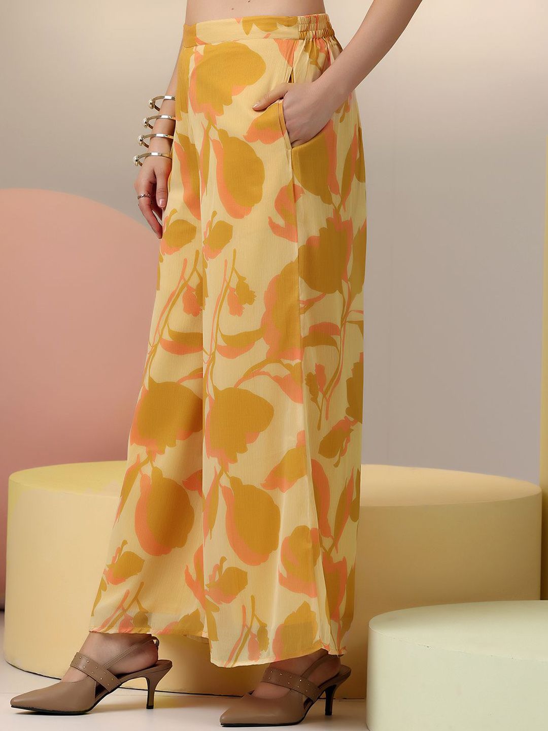 Libas Beige Floral Printed V-Neck Tunic with Palazzo