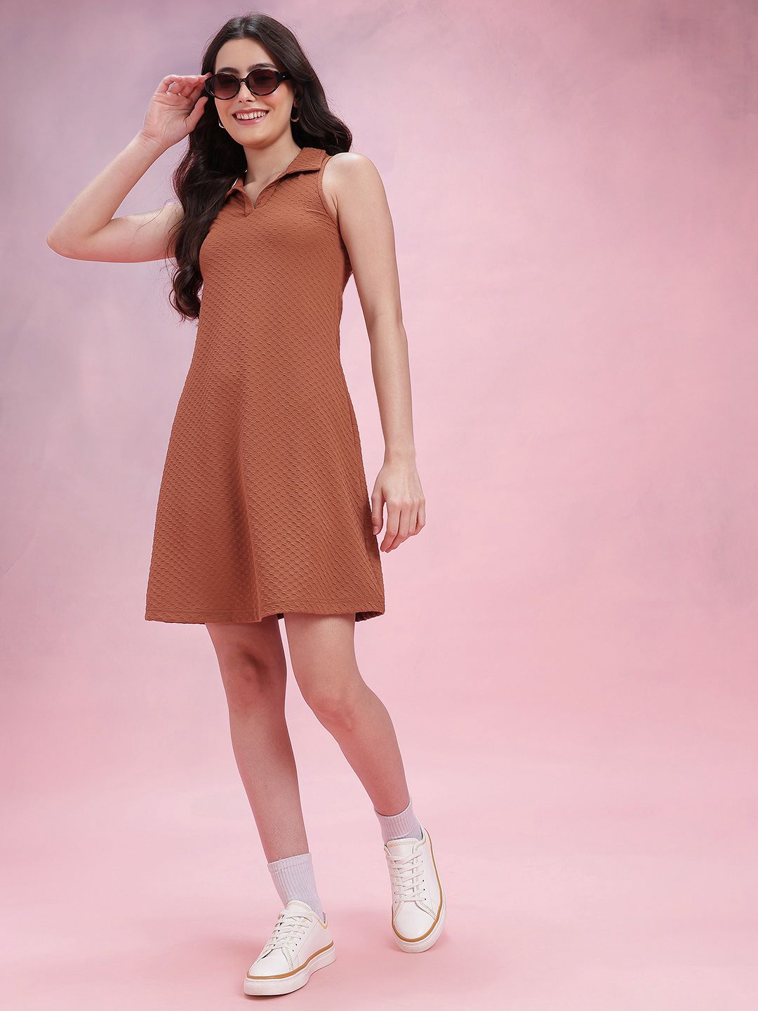 DressBerry Textured Shirt Collar A-Line Above Knee Length Dress