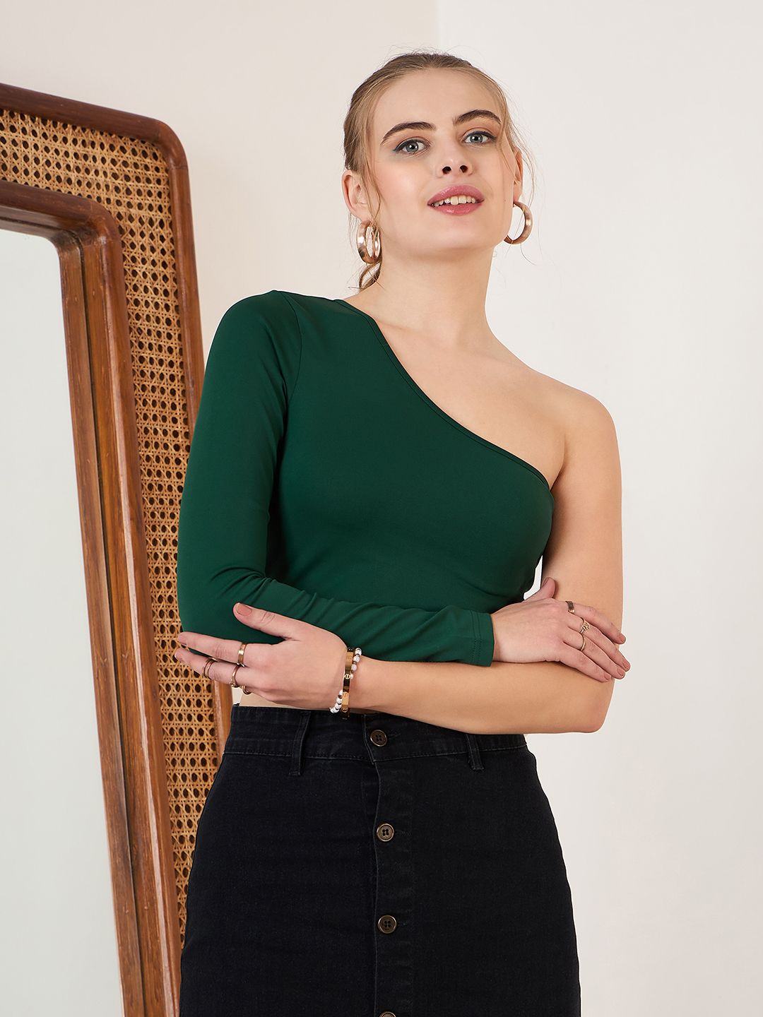 Berrylush Green One Shoulder Cut Out Fitted Crop Top