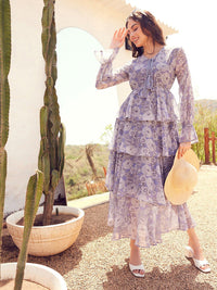 STREET 9 Floral Printed Puffed Sleeves Layered Georgette A-Line Maxi Dress