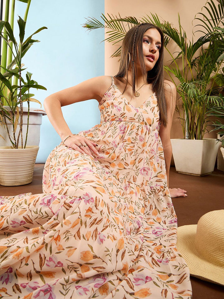 SASSAFRAS Floral Printed Shoulder Straps Georgette Tiered Maxi Dress