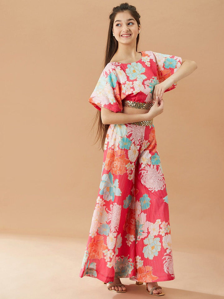 pspeaches Girls Floral Printed Pure Cotton Top with Palazzos