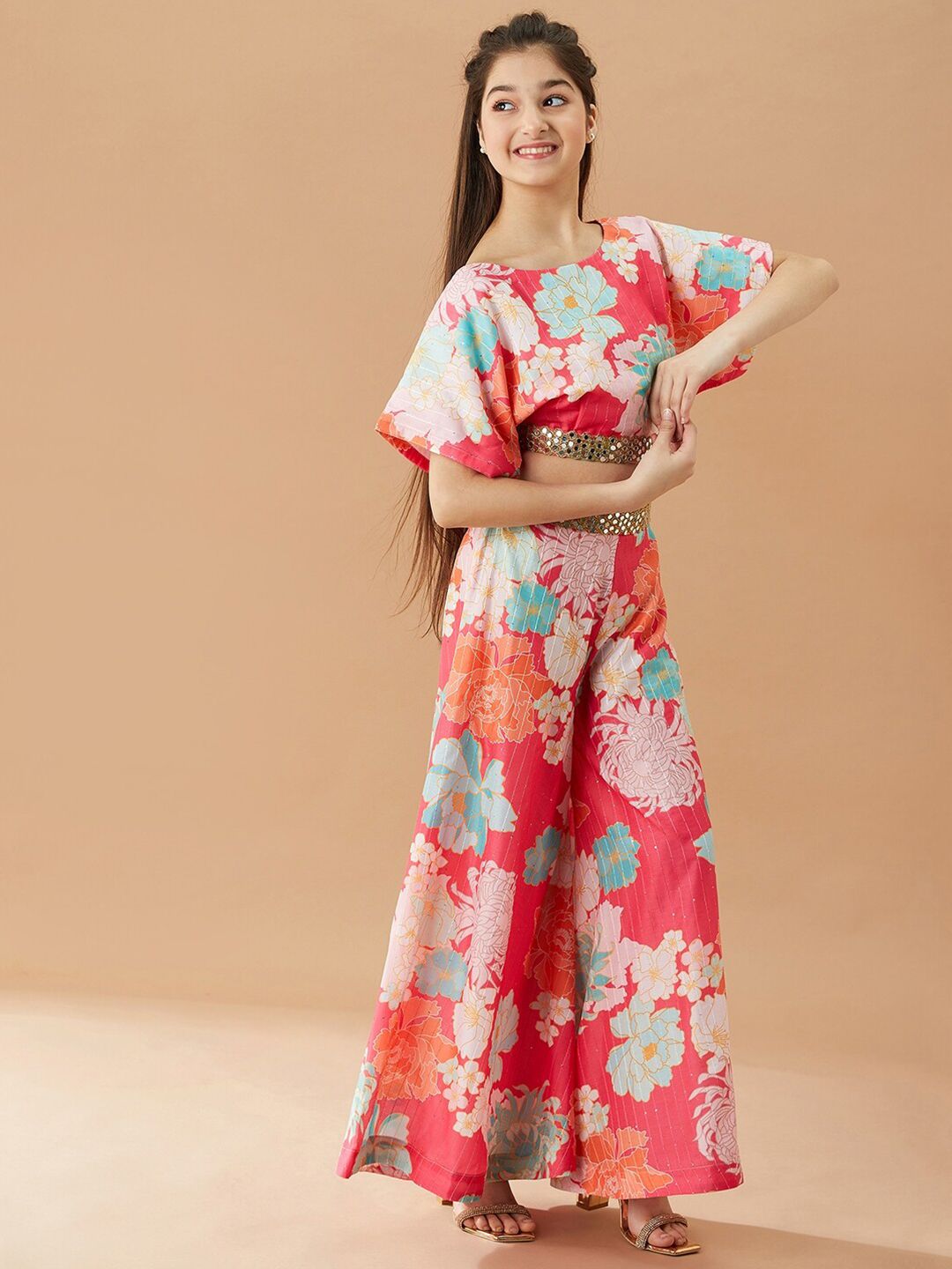 pspeaches Girls Floral Printed Pure Cotton Top with Palazzos