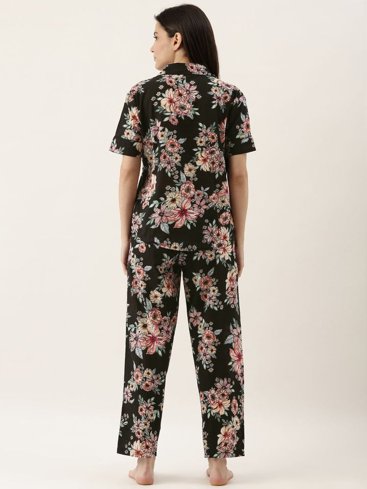 SANSKRUTIHOMES Women Black Pure Cotton Floral Print Pyjama Set