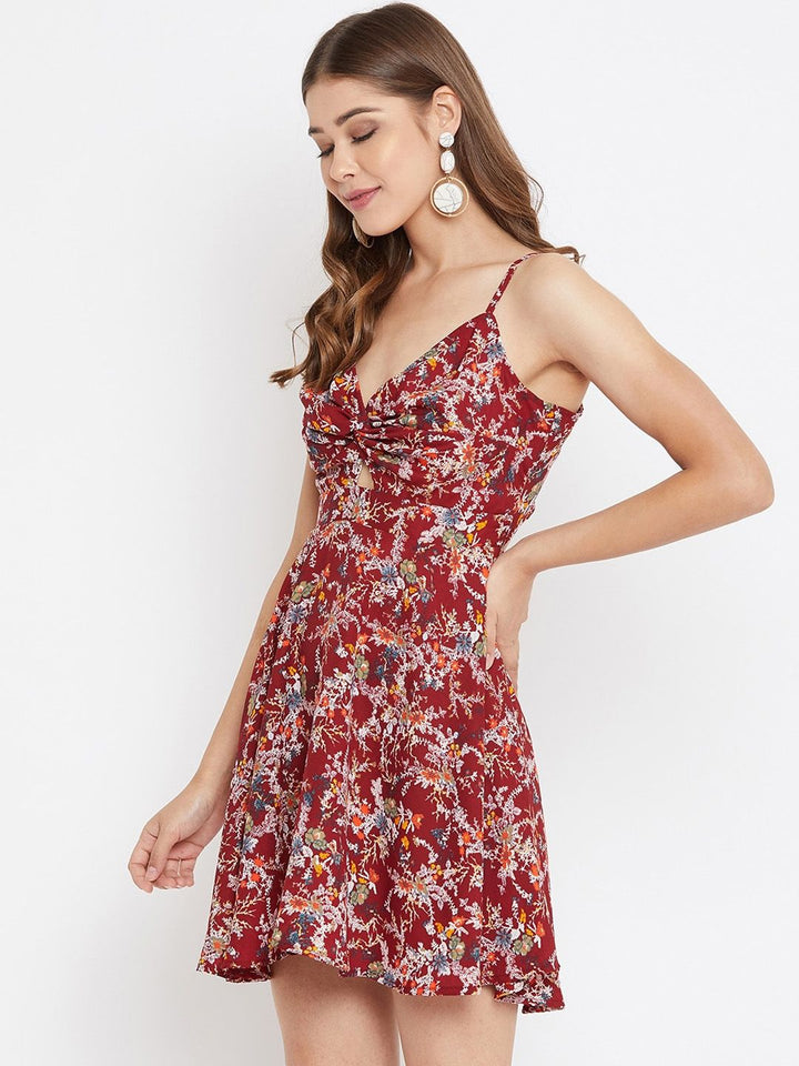 Berrylush Women Maroon Floral Printed Front Twist Knot Fit and Flare Dress