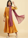 W Yellow Ethnic Motifs Printed Regular Sequinned Kurta With Leggings And Dupatta