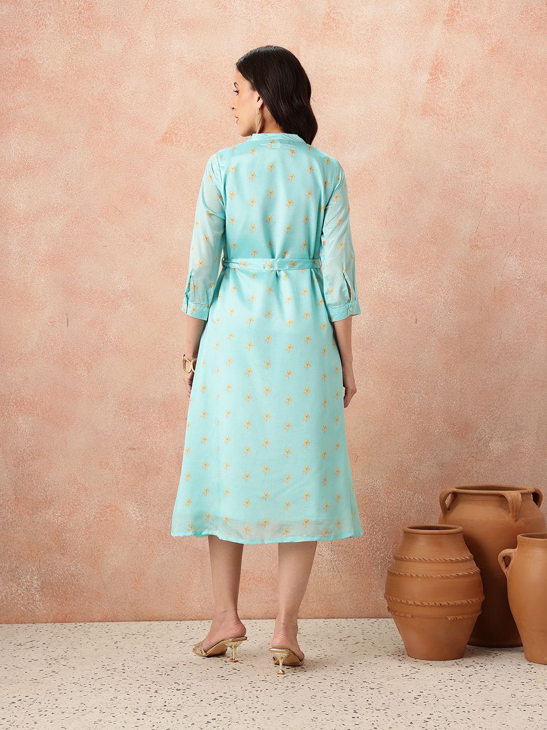 all about you Printed Belted Satin Finish Ethnic Shirt Midi Dress