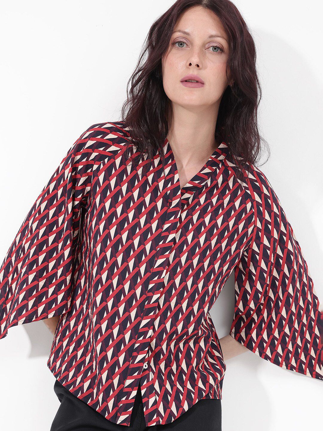 RAREISM Geometric Print Flared Sleeve Cotton Top