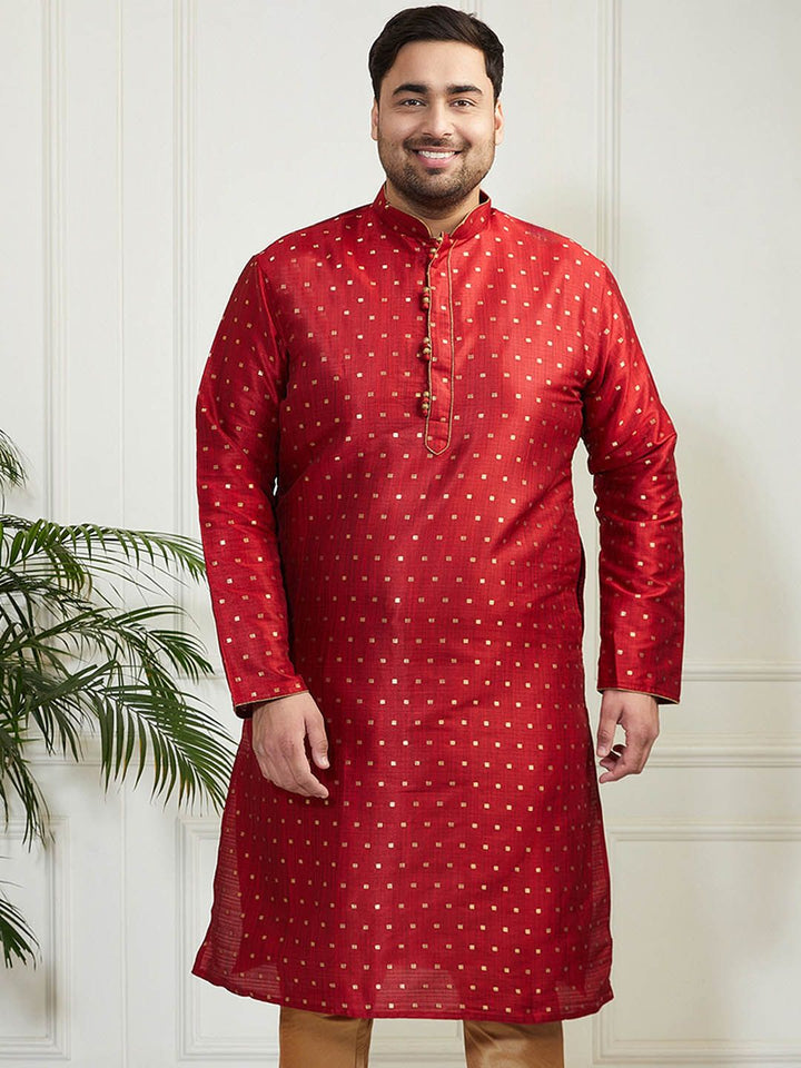 VASTRAMAY Men Plus Size Geometric Woven Design Mandarin Collar Jacquard Silk Kurta