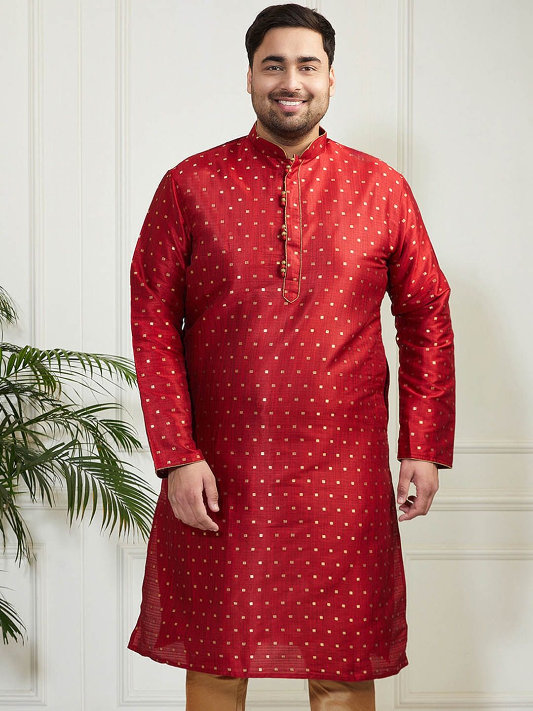 VASTRAMAY Men Plus Size Geometric Woven Design Mandarin Collar Jacquard Silk Kurta