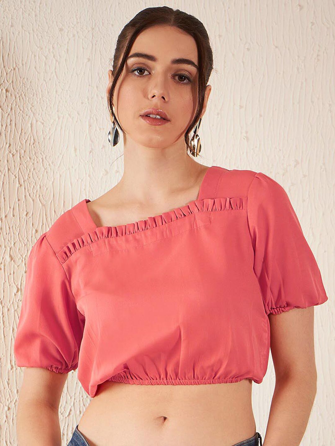 DENNISON Puff Sleeve Crepe Blouson Crop Top