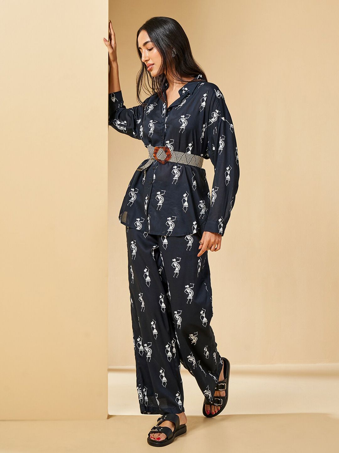 Global Desi Graphic Printed Mandarin Collar Shirt Style Top