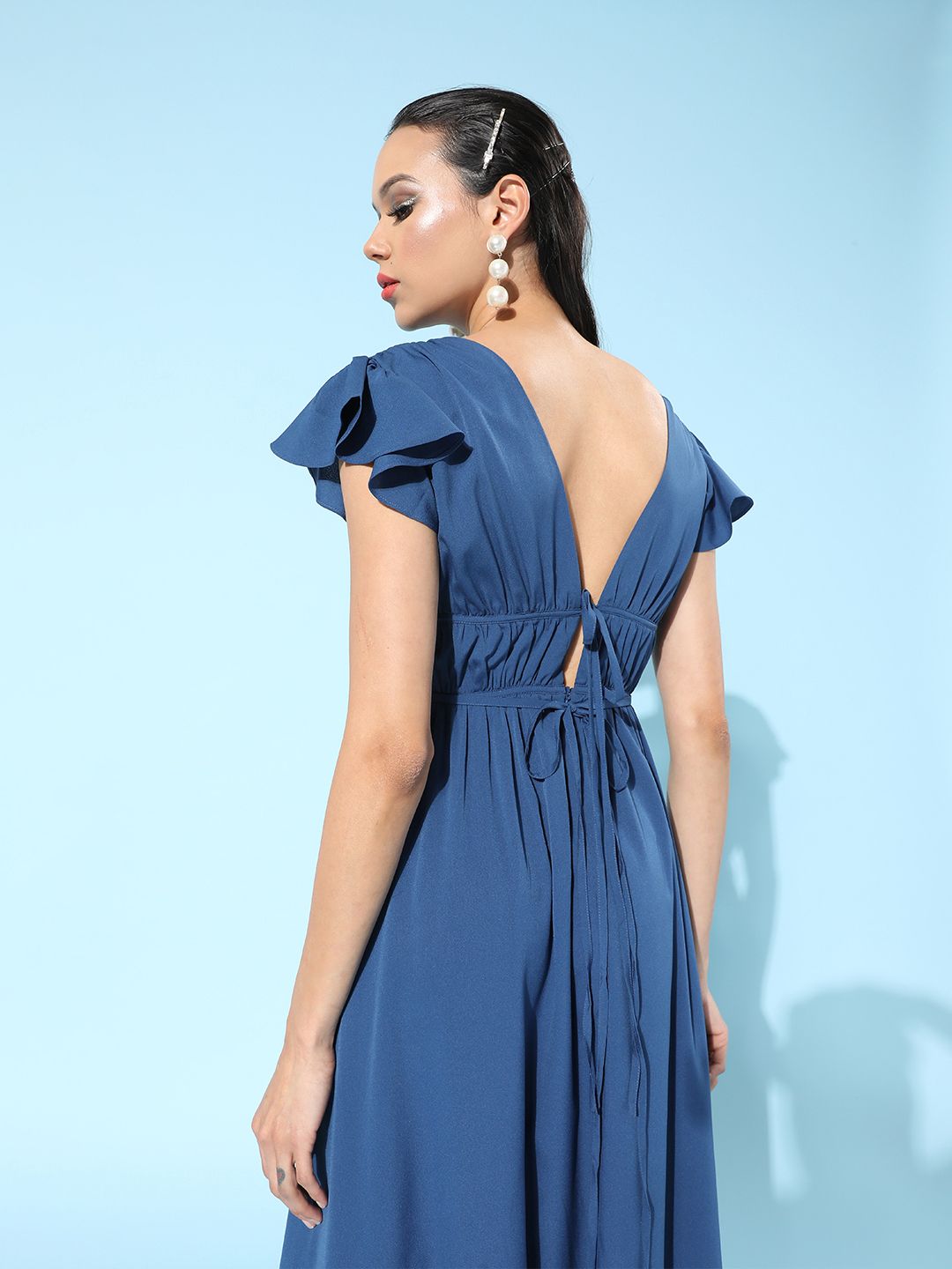 Berrylush Blue Solid Smocked Dress