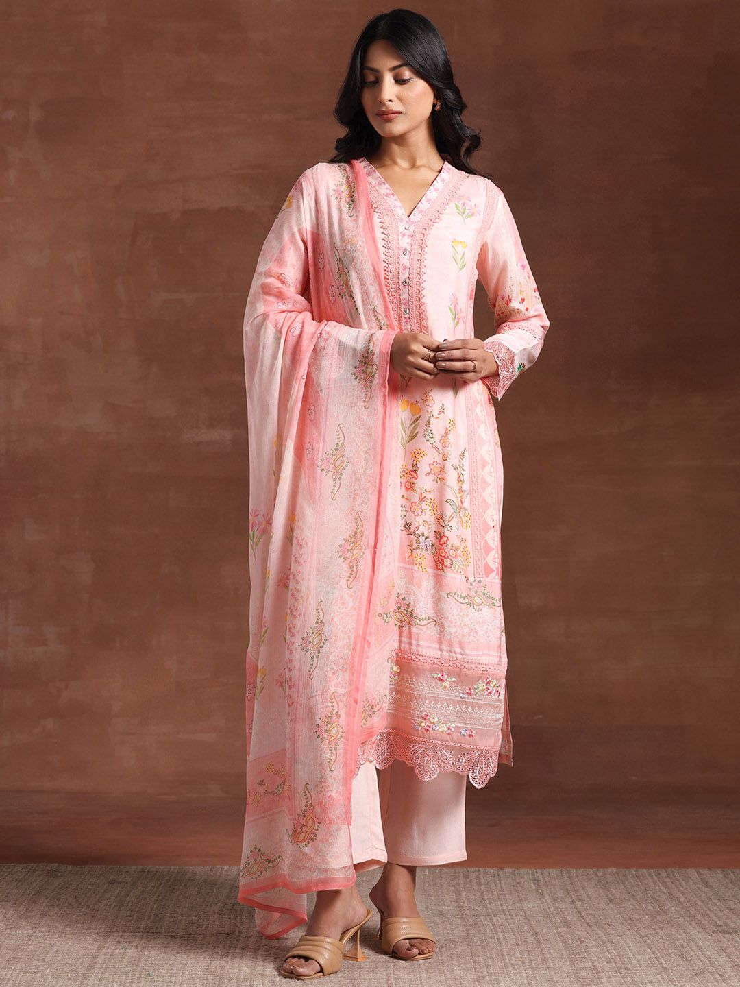 Libas Floral Printed V-Neck Long Sleeves Beads and Stones Kurta Set