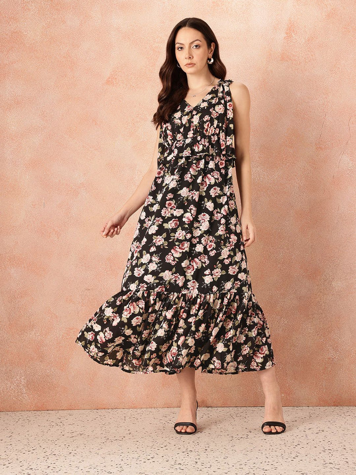 all about you Tropical Print Ruffled & Bow Detail Georgette Maxi Empire Dress